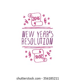 New Year's handdrawn element.  New Year's Resolution. Typographic banner with text and scroll. Vector handdrawn badge.