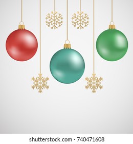 New Year's hanging balls and golden snowflakes. Vector illustration.