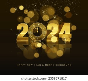 New Years holiday banner. New Year countdown clock with gold numbers 2024 with effect bokeh and reflection. Abstract holiday background. Vector illustration