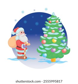 New Year's holiday is celebrated in the forest under beautiful snowfall Christmas tree, Santa, snow, new Year gifts, Christmas decorations, isolate, vector illustration, art, design, background