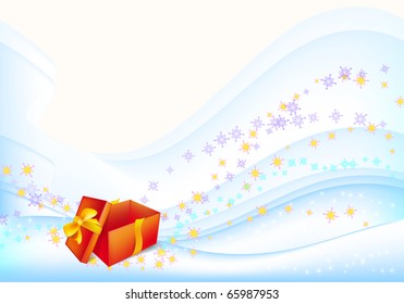 New Year's holiday gift of an orange background with snowflakes and stars