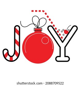 New Year's holiday icons make up the word joy. a linear contour drawing depicts a lollipop, a ball and a glass with a drink. a font of festive attributes. stock vector illustration. EPS 10.