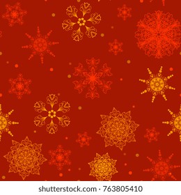New Year`s holiday seamless pattern. Snowflakes on red background, vector illustration