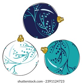 Decoración de árboles de Año Nuevo. Bolas redondas oscuras y ligeras con un patrón de ramas inversionistas. Ideal para tarjetas, carteles, impresiones, embalajes, tela, ropa. Imagen vectorial.