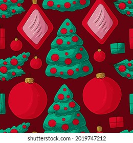 New Year's Holidays. Seamless vector pattern with Christmas tree decorations, gifts. Pattern in hand draw style