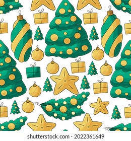 New Year's Holidays. Seamless vector pattern with stars, Christmas tree. Pattern in hand draw style