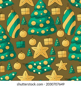 New Year's Holidays. Seamless vector pattern with stars, Christmas tree decorations. Pattern in hand draw style