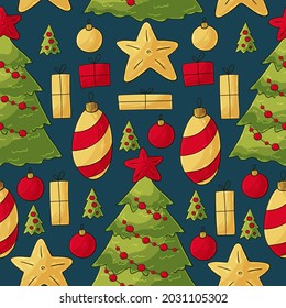 New Year's Holidays. Seamless vector pattern with stars, Christmas tree decorations. Pattern in hand draw style