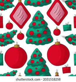 New Year's Holidays. Seamless vector pattern with Christmas tree decorations, gifts. Can be used for fabric, packaging