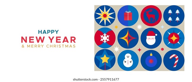 New Year's horizontal banner in a minimalist design with Santa, toys and candy cane. Merry Christmas and Happy New Year banner.