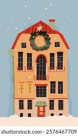 New Year's house decorated with wreath, vector house with snow