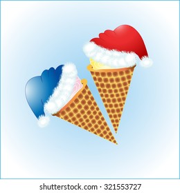 New Year's ice cream. Cap of Father Frost. Vector illustration.