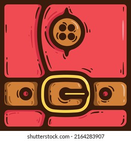 New Year's icon with Santa's belly in a square. Handdrawn red Santa Claus costume with round button, brown leather belt and gold buckle. Gift for children. Fragment of the advent calendar