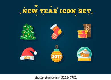 New Year's icon set 2017. Flat icons vector illustration