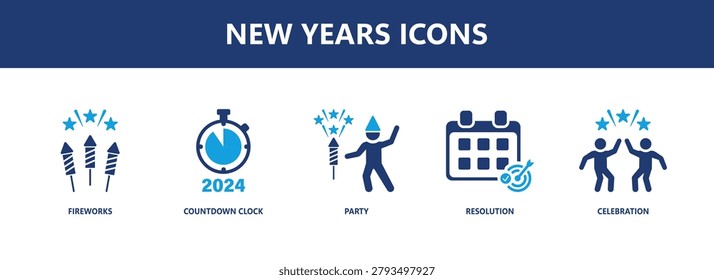 New years icon set. celebration, holiday, countdown, party, festival. solid style icon collection.