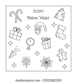 New Year's icons in a doodle-style outline, drawn in one line. Santa, sock, Christmas tree with balls, lollipops, cane, gift, gingerbread man, firecracker, sparkler, snowflake, clock in vector