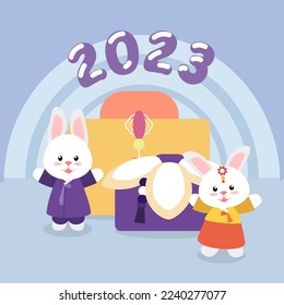 New Year's illustration 2023 Gyemyo with the image of a rabbit depicting a boy and a girl in hanbok clothes on the background of a traditional Korean gift with the numbers 2023. Hares in hanbok costum