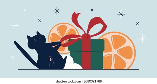 New Year's illustration a black funny cat unties a bow on a gift, New Year's attributes and tangerines.