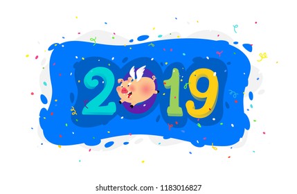 New year's illustration of a cartoon pig with the inscription 2019. Vector. The illustration is isolated on a white background. Sweet animal pig. Symbol of the Chinese New Year. Celebratory background