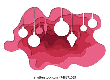 New Year's illustration with Christmas balls. Paper art and craft style