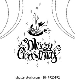 New year's illustration. Christmas candle. Vector. White background. Lettering. Merry Christmas