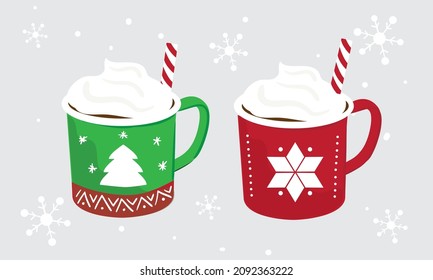 New Year's illustration. Christmas drinks with coffee, cocoa or chocolate. New Year banner for promotion and special xmas sale. Vector. Couple of hot beverage mugs.