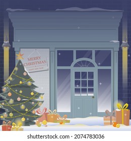 New Year's illustration. Christmas tree near the shop with gifts. Christmas decorations, lanterns, gifts. Celebration atmosphere.