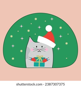 
New Year's illustration of a cute cat in a red Santa Claus hat, mittens on his paws and a gift, against a background of a green semicircle and stars