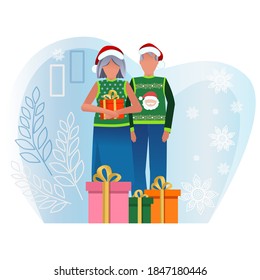New Year's illustration.
An elderly couple is surrounded by gifts. The concept of family vacation and celebration of New Year and Christmas. Graphic cartoon style. Winter theme.