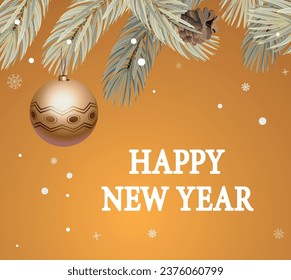 New Year's illustration with fir branches on a golden background and a golden ball. Vector.