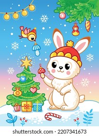 New Year's illustration with a hare that decorates the Christmas tree. Vector illustration in cartoon style.