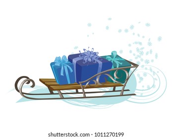 New Year's illustration with the image of a cat carrying a sled on a sled lie boxes with gifts