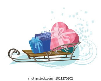 New Year's illustration with the image of a cat carrying a sled on a sled lie boxes with gifts