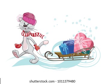 New Year's illustration with the image of a cat carrying a sled with boxes and gifts