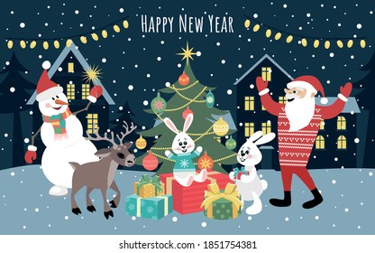 New Year's illustration with the image of cheerful hares, santa claus, snowman, deer near the tree. Happy New Year. Eliminations design for cards, flyers, banners.