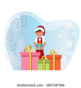 New Year's illustration.
The little child is surrounded by gifts. The concept of family vacation and celebration of New Year and Christmas. Graphic cartoon style. Winter theme.