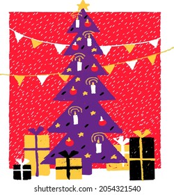 New Year's illustration in a naive style decorated Christmas tree with gifts and flags on a red background