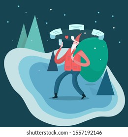 New Year's illustration with Santa Claus who comes with a bag of gifts in the winter forest
