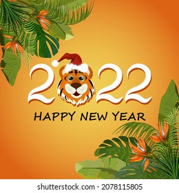 New Year's illustration with a tiger.New Year vector illustration with text, tiger and palm leaves on a colored background.