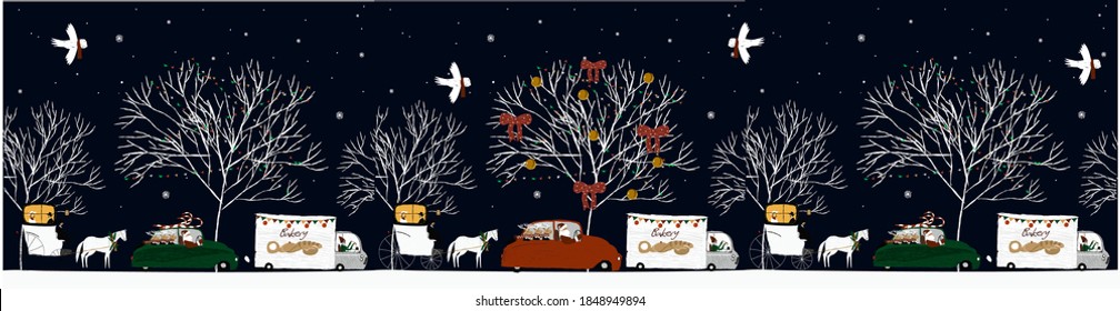 
New Year's illustration. Vector illustration with winter evening, snow, trees, carriage, auto, truck in retro style for design print, postcard, banner, website.
