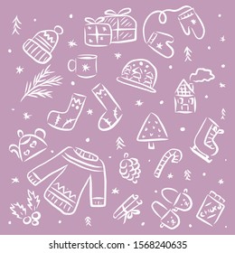 New Year's illustration with warm things, sweets and gifts. illustration for packaging. card. pink background