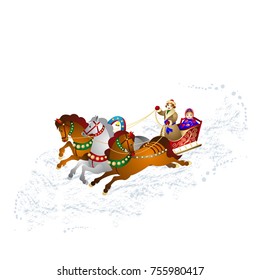 New Year's illustration, Young man in a sleigh carries a Snow Maiden, on three horses, on loose snow, cartoon on a white background, vector