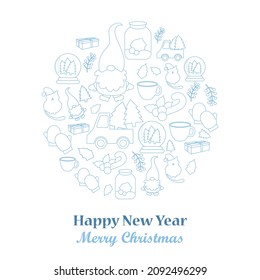 New Year's illustrations, postcards, patterns, New Year's set, elements. for new year and Christmas. A car with Christmas trees, a New Year's cat, a gnome, a can of snow, mittens, warm tea, a cup
