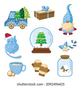 New Year's illustrations, postcards, patterns, New Year's set, elements. for new year and Christmas. A car with Christmas trees, a New Year's cat, a gnome, a can of snow, mittens, warm tea, a cup