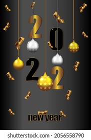 New Year's image with gold and silver balls, as well as ribbons. Black background.