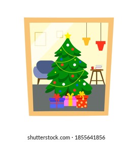 New Year's interior with a christmas tree, gifts and furniture through the window. Illustration on an isolated white background.