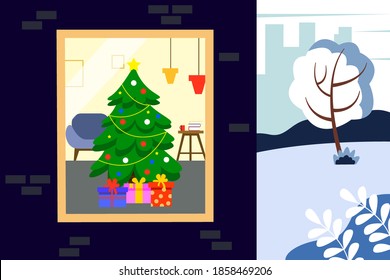 New Year's interior with a Christmas tree, gifts and furniture through the window. Vector cartoon style.