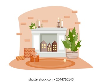 New Year's interior design with a Christmas tree, decorative houses, gifts, candles and a fireplace. The living room is decorated for the new year in a flat style. Vector illustration in flat style.