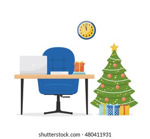 New Year's interior design concept on a white background. Office with a desk, laptop, armchair and christmas fir-tree. Christmas decorations in the interior. Vector illustration in the flat style.
