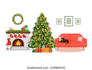 New Year's interior of a living room with a Christmas tree, gifts, a fireplace and a cat. Cozy christmas night celebration vector illustration.